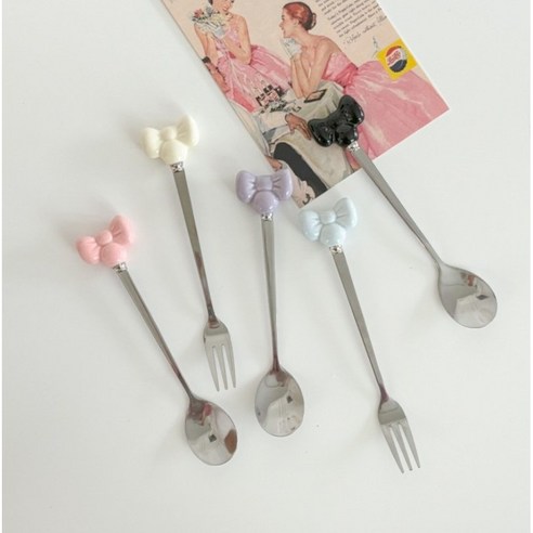 리본파스텔 커트러리 티스푼 티포크 세트 I 감성 홈카페 스푼 포크 SET, 크림, 1세트