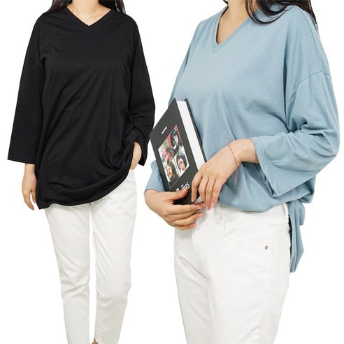 빅걸스토리 여성 빅사이즈 와이드 브이 박스핏 기본티셔츠 2p
