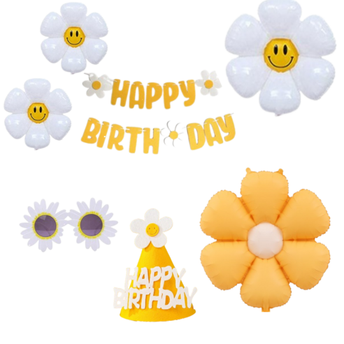 연지마켓 생일파티 용품 세트 데이지 풍선 생일 가랜드 안경 고깔, 1세트, 18)옐로우 망고데이지