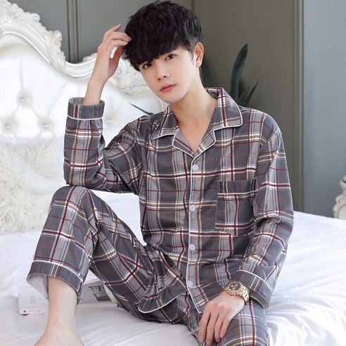 POMTOR 남성 잠옷 빅사이즈 체크 순면 잠옷 상하의 세트