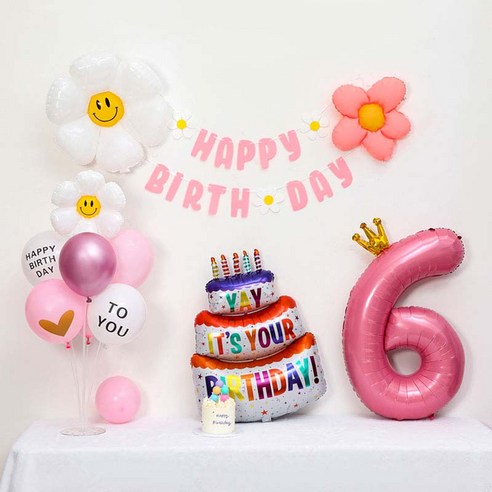 [피앤비유니티] 캐릭터무광데이지 생일케익풍선세트 스탠드형, 04-06)무광데이지생일풍선세트 6 핑크, 1세트