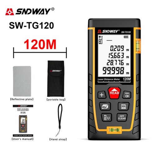 sndway 레이저 거리 측정기 고정밀 룰렛 레이저 거리 측정기 40m 100m 120m 디지털 줄자 거리 측정기, sw-tg120 120m, 1개