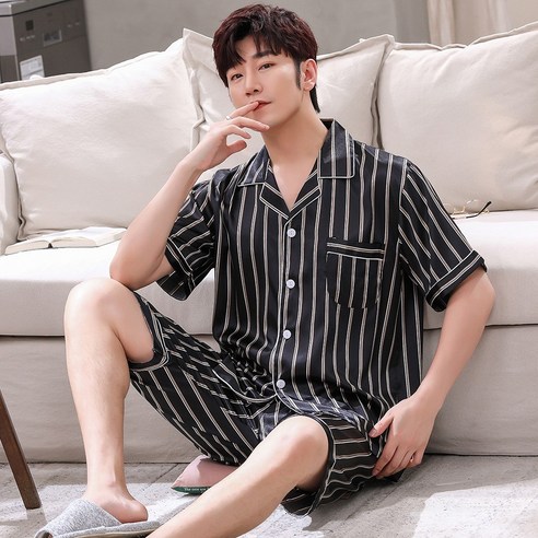 로리돌스 블랙 스트라이프 여름 실크 파자마 커플잠옷