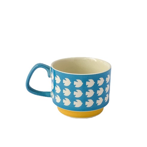 ANKRIC 물컵 일본 세라믹 손으로 그린 간단한 복고풍 컵 아침 식사 컵 우유 컵 꽃 티 컵은 전자 레인지에서 사용할 수 있습니다., 밝은 파랑색새