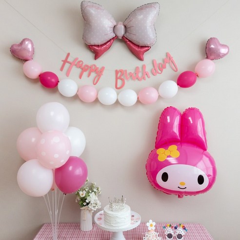 연지마켓 생일풍선 생일파티용품 리본풍선 세트, 핑크 마이멜로디 세트
