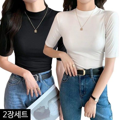 희야몰 여성 슬림 5부 반팔 티셔츠 2종세트