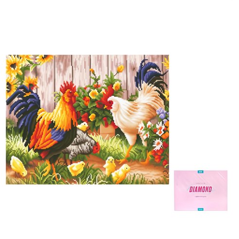디클레어 액자 캔버스형 보석십자수 DIY 키트 40 x 50 cm, 수탉 가족, 1세트