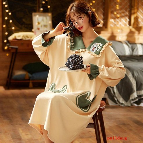 puildaug 잠자는 치마 여성 봄과 가을 면화 긴 소매 귀여운 가을과 겨울 긴 잠옷 홈 의류