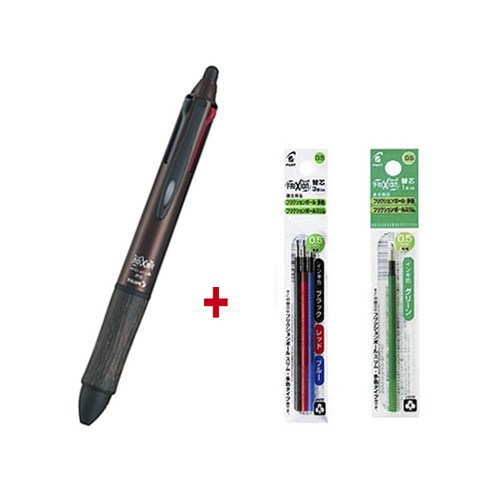 파이롯트 지워지는 볼펜 프릭션 4색 우드 볼펜 세트, 1개, 4색 우드 0.5블랙1개+리필(혼합1개+녹색1개)