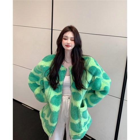 실제 가격 진짜 샷 하트-하트 한국 스타일 디자인 감각 양고기 모피 긴 소매 코트