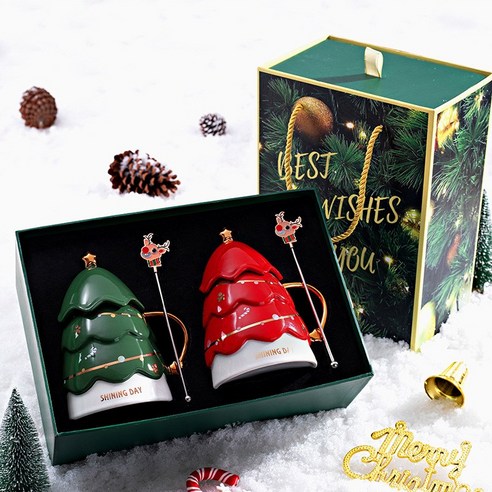 크리스마스 트리 모양의 커피 세라믹 머그컵 귀여운 엘크 블렌더 발렌타인 크리스마스 날 뚜껑과 손잡이가 달린 로맨틱 생일 선물, 진한 파란색+선물 상자