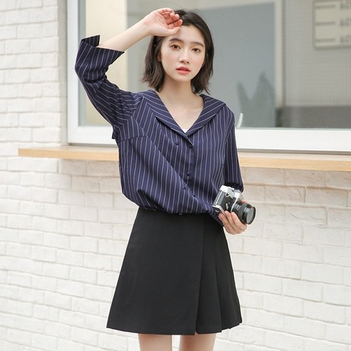 DFMEI 우아한 해군 칼라 줄무늬 셔츠 여성 디자인 틈새 다목적 새로운 한국 스타일
