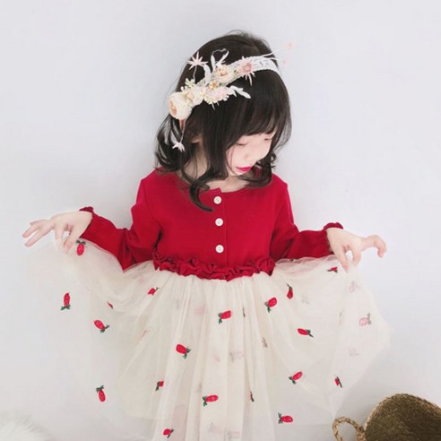 유아 여아 샤원피스 딸기원피스 버튼프릴 공주원피스 망사원피스 봄원피스 가을원피스 키즈드레스