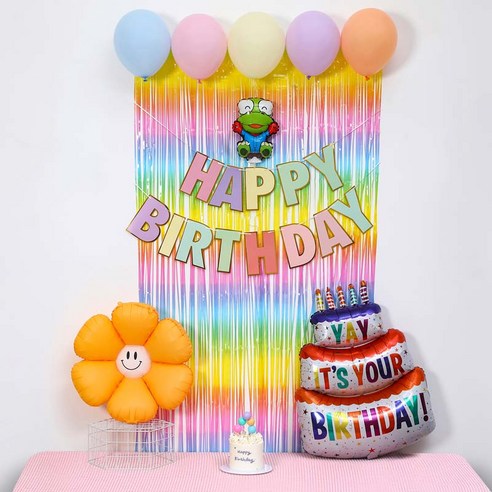 [피앤비유니티]스마일데이지 풍선스탠드 생일장식커튼세트 펌프포함, 1세트, 19)크롱기본형마카롱커튼세트