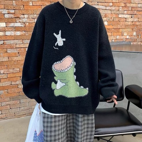 [ICE STONE] 일본 하라주쿠 빈티지 스웨터 남성 가을 겨울 만화 느슨한 니트 스웨터 힙합 Streetwear 니트 풀오버