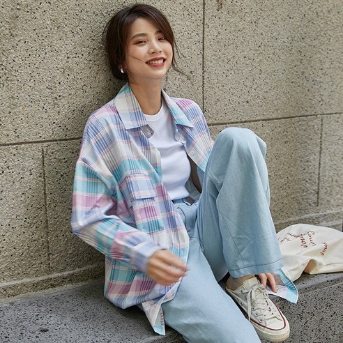 스타일 옷깃 레인보우 격자 무늬 디자인 셔츠 느슨한 대형 긴팔 셔츠 여성