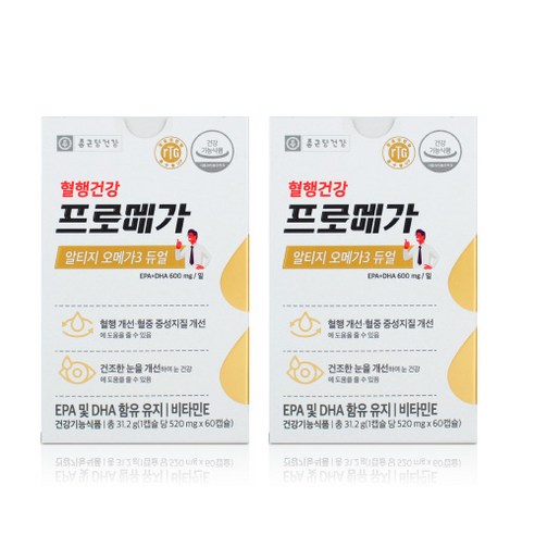 TV방송 종근당 혈행건강 기억력 개선 프로메가 알티지 오메가3 (1개월분) 듀얼 장용성 명절선물 안구건조 [당일출고 직접판매], 60정, 2개