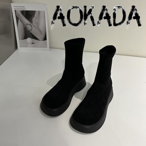 AOKADA 로우 부츠 여자 두꺼운 밑창 탄력 부츠 패셔너블 심플 스타일 기사 롱부츠