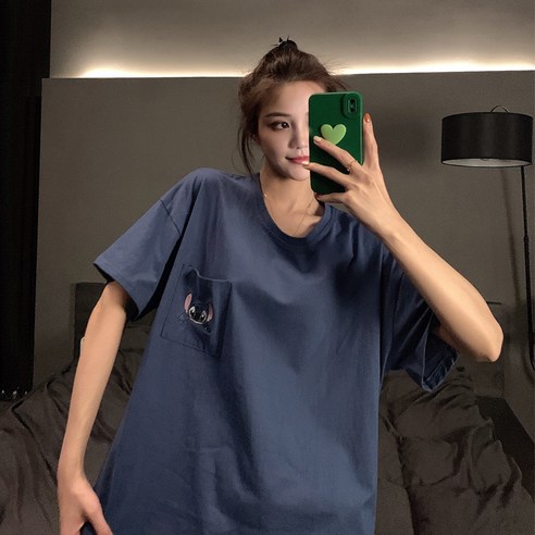 DFMEI 스티치 파자마 여자 순면 여름 반팔 반바지 캐릭터 투피스 면 풀세트커플 홈웨어