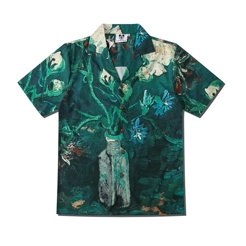 제조사 조수 브랜드 여름 남성용 예술 꽃병 디지털 인쇄 느슨한 가디건 옷깃 반팔 셔츠 원피스 대신 머리카락