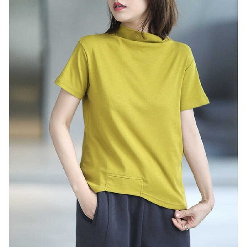 여성 코튼 한국 스타일 반팔 티셔츠 여름 2021 새로운 슬리밍 탑 터틀넥 느슨한 봄 기본 셔츠