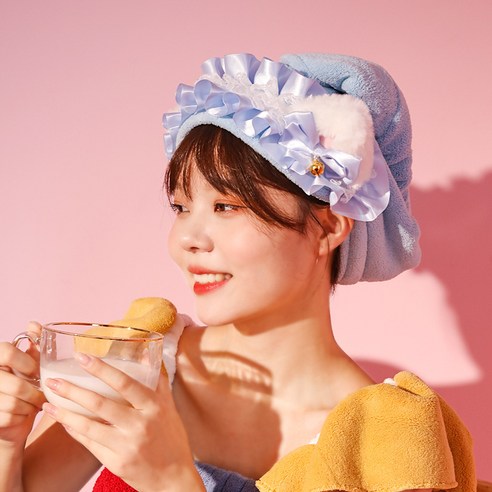 고양이 귀 산호 양털 만화 샤워 캡 극세사 빨리 드라이 고급형, 25*65 [독립 포장], 로리타 블루