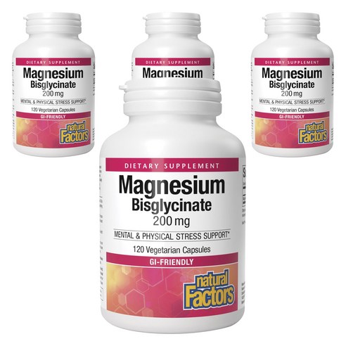 네추럴팩터스 마그네슘 비스글리시네이트 200mg 베지테리안 캡슐, 4개, 120정