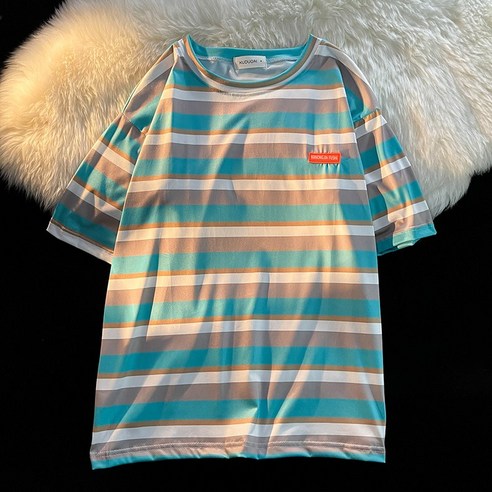 DFMEI 스트라이프 컬러 매칭 반소매 티셔츠 남성 여름 홍콩 스타일 느슨한 게으른 캐주얼 셔츠 커플 탑