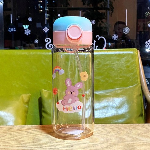 DFMEI 유리 물 컵 여성 빨대 컵 성인 휴대용 간단한 여성 컵, DFMEI 핑크 토끼, 350ml