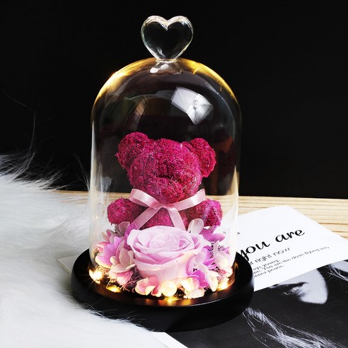 [LOVE MQ] 테디 베어 꽃 영원한 로즈 아름다움과 야수 말린 꽃 유리 돔 웨딩 홈 장식 생일 선물, 하나, 큰 Bear05-Rose