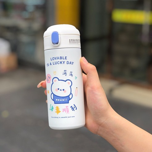 [LM] 380ml 귀여운 곰 보온병 스테인레스 스틸 보온 만화 스포츠 차 보온병 빨대, White C