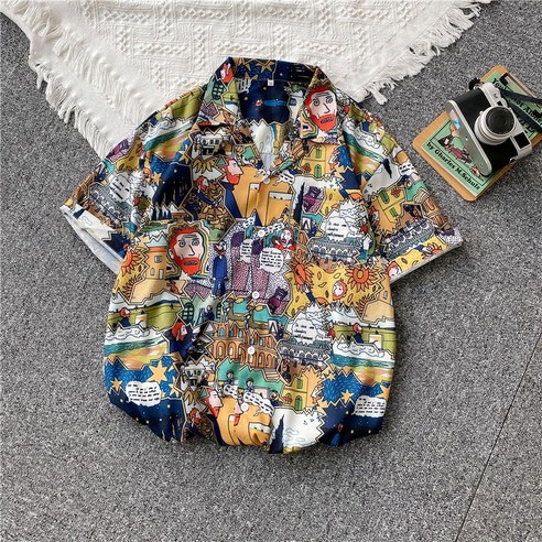 여름 패션 하라주쿠풍 프린트 반팔셔츠 남성 커플 미나토풍 반팔셔츠