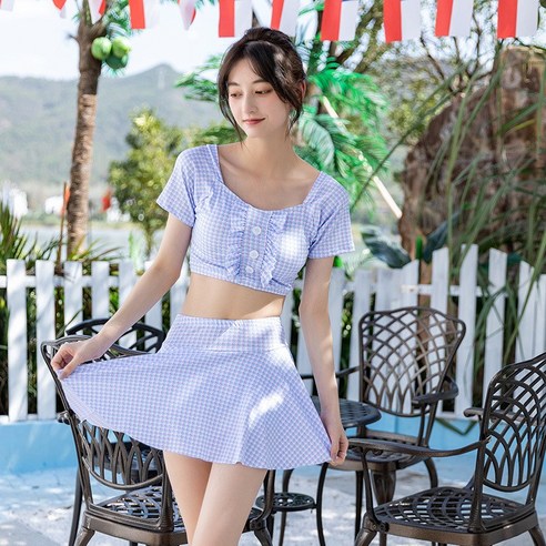 수영복 여분체 투피스 체크 하다 싱그럽다 날씬하다 평각 온천 모래사장 수영복, 청색, M【80-95근】