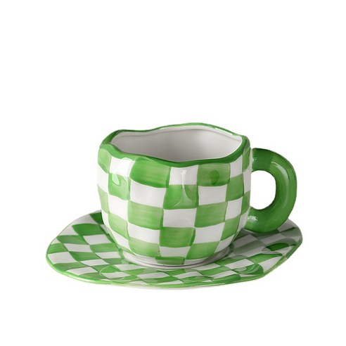 ANKRIC 예쁜머그잔 찻잔 가정 식수 컵 개인화 된 창조적 인 세라믹 머그잔 핸드 핀치 럭셔리 커플 컵을위한 고가의 커피 컵, 초록색 체크무늬 한 잔에 한 접시