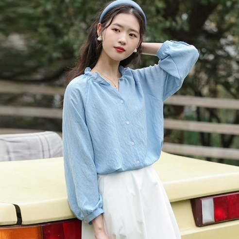 SU 이른 봄 가을 새로운 블루 레이스 셔츠 여성용 긴팔 한국형 세련된 V 넥 탑 디자인 감각 틈새
