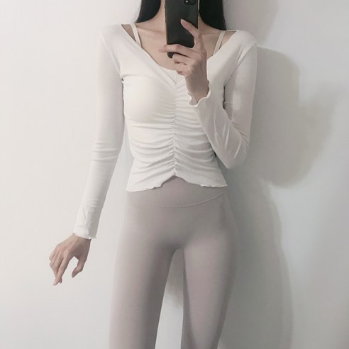 로라벨 여름 프릴 셔링 필라테스복 요가복 필라테스옷 필라테스커버업 필라테스상의 크롭 요가 운동복