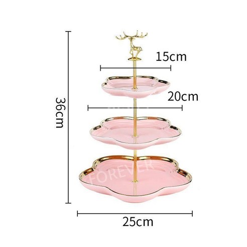 케이크접시 3단 그릇 플레이트 호텔 디저트 과일, 핑크 매화 3층 금크록, 1개