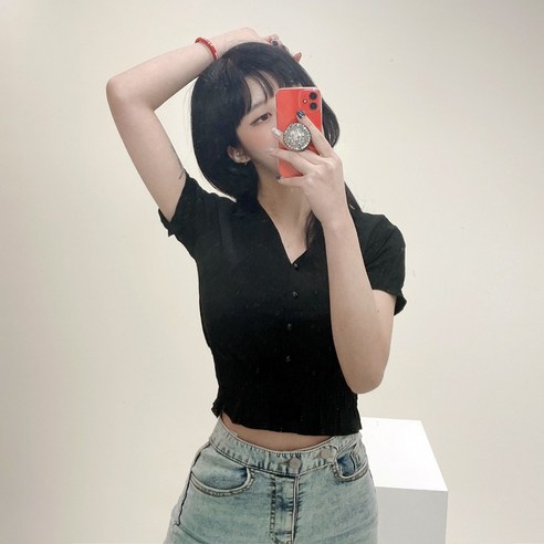 VANANA2 브이넥 시스루 브이넥 크롭 숏 스모크 블라우스