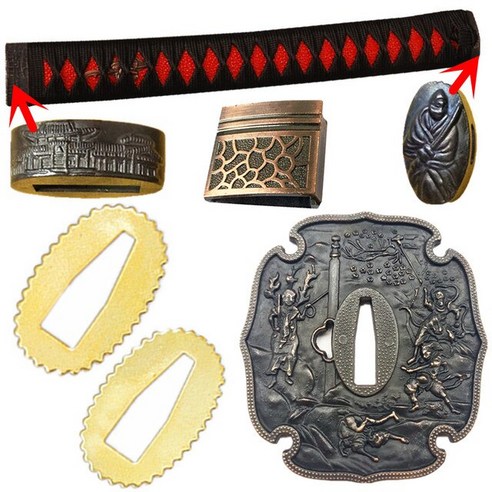 일본 사무라이 테마 Kirsite 칼 피팅 Katana/Wakizashi/Tanto 세트 Tsuba Menuki Fuchi Kashira Handle Habaki Seppa, [01] A