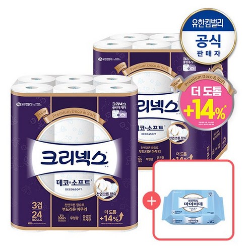크리넥스 천연펄프 데코&소프트화장지 34M 24롤 2팩+마이비데30매랜덤, 없음, [0001]기본상품