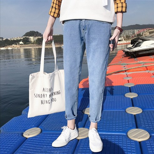 DFMEI 항풍 가을 신상품 일자핏 청바지 남성용 판 루즈핏 bf 생도핏 9 부 슬랙스입니다