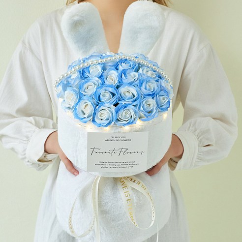 세라 시들지 않는 장미 토끼 꽃다발 비누꽃 19송이, 1개, 블루