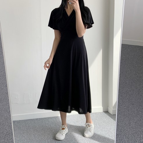 우아글로벌 날개소매 반팔 랩 롱 원피스