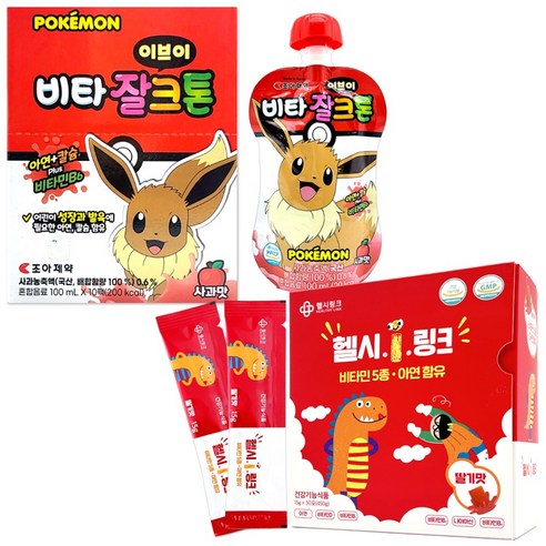조아제약 비타 잘크톤 포켓몬 100ml x 10팩 + 헬시.I.링크 비타민 젤리스틱 딸기맛 30포, 이브이 사과맛+헬시.I.링크, 10개