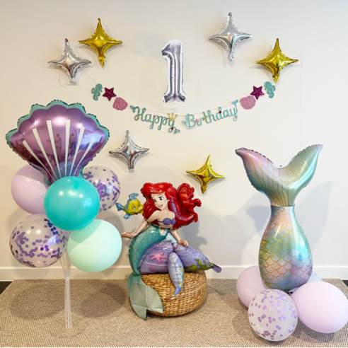 공주풍선 인어공주 생일파티세트 앉아있는 애리얼, 실버숫자 1, 1세트