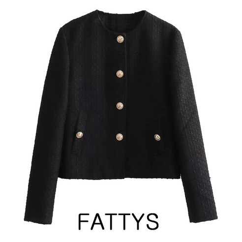 FATTYS 여성 심플 모던 크롭 무늬 트위드 자켓 블레이저 자켓 라운드넥