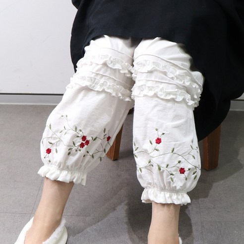 아이보리앤코 고도리 레이스 속바지 꽃자수 순면 도톰 롱 레이어드 9부 고쟁이 파자마바지