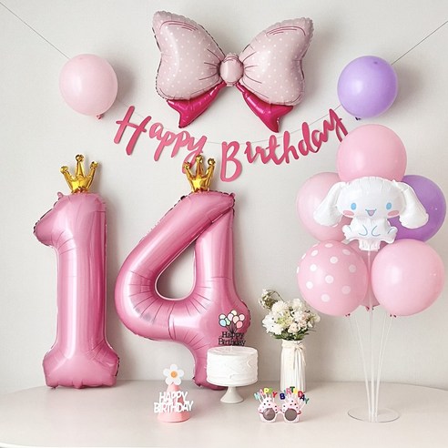 연지마켓 시나모롤 산리오 생일풍선 파티세트, 핑크실속숫자(14)