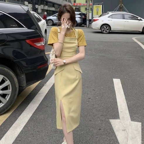【DF】이른 봄 새로운 드레스 세련된 홍콩 스타일 레트로 투피스 양복 프랑스 사랑 서스펜더 드레스 여성 여름