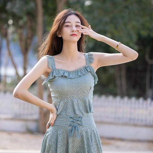 수영복 구미 꽃잎 분체 사문면 퍼프 수영복 여성 온천 수영복, 초록색, M【80-95근】